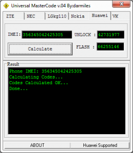 Ekran Universal MasterCode po wpisaniu IMEI i wygenerowaniu kodu