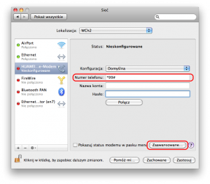 Mac OS X - numer telefonu i przycisk ustawień zaawansowanych